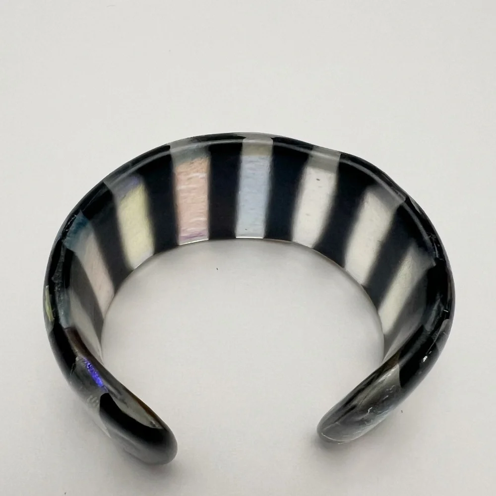 Handmade Glass Black Rainbow Dichroic Iridescent Stripe Cuff Bracelet Denmark